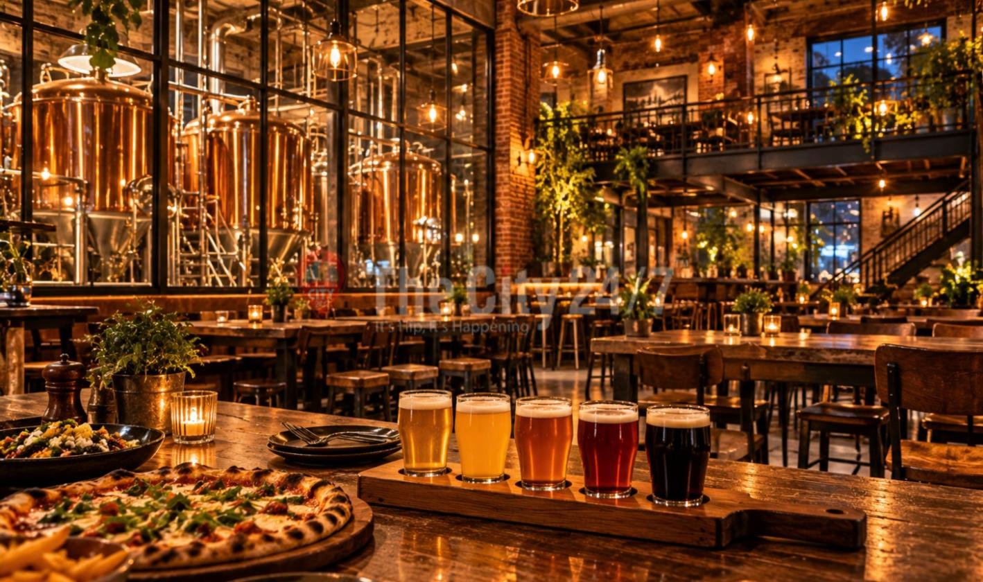 A flight of five craft beers from pale to stout on a wooden paddle beside a wood-fired pizza, inside a brick brewpub with copper brewing tanks and a mezzanine