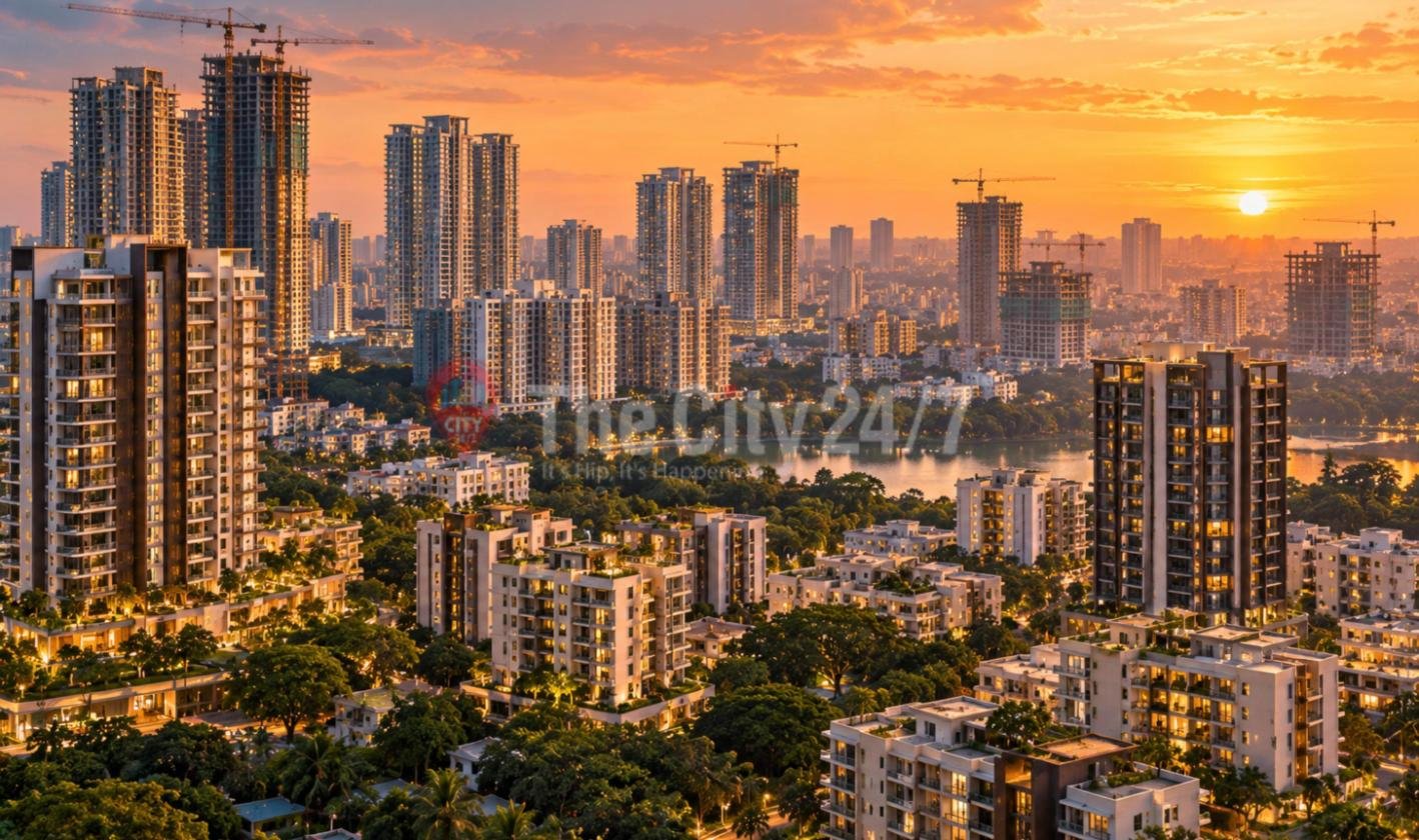 Residential high-rise towers and construction cranes rising over a green city and a lake at sunset
