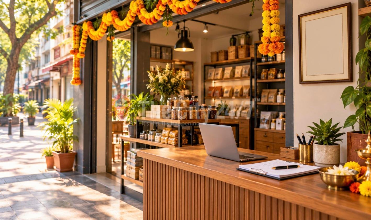 House keys hanging from an apartment door handle beside a desk with a folder of verification forms, a pen, an ID card holder and a rubber stamp, looking down a marble corridor