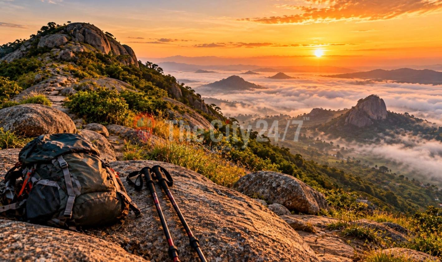 A backpack and trekking poles resting on a granite boulder at a hilltop summit at sunrise, looking out over rocky peaks rising from a sea of morning mist