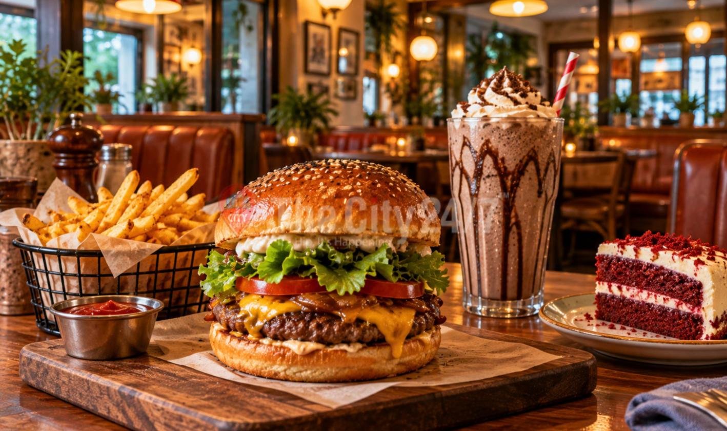 A thick cheeseburger with caramelised onions on a wooden board beside a basket of fries, a chocolate milkshake topped with cream and a slice of red velvet cake in a warm café with leather booths