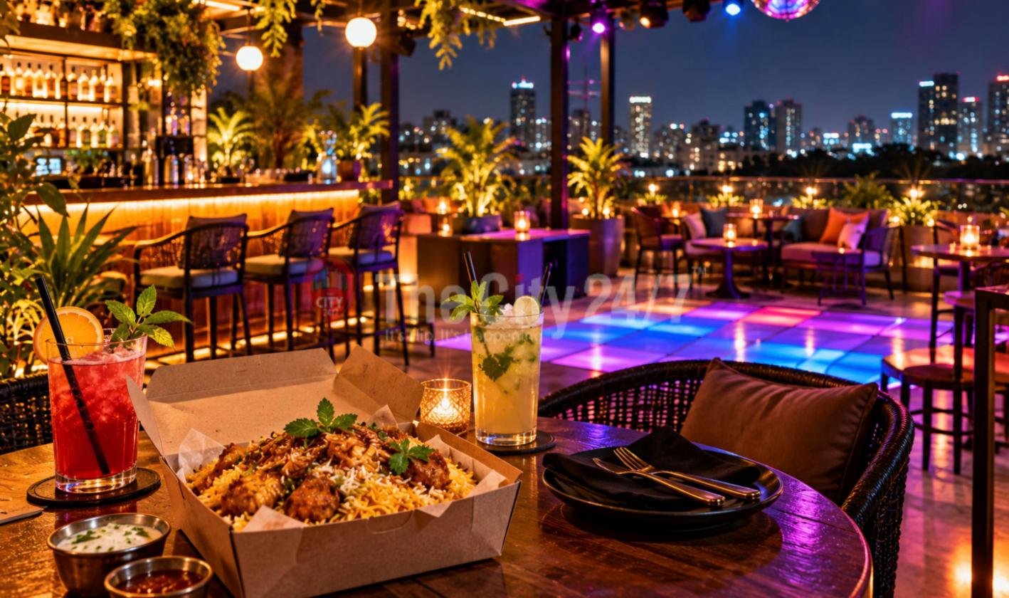 A box of biryani between a red cocktail and a mojito on a rooftop table at night, with a backlit bar, a coloured LED dance floor and the lit city skyline behind