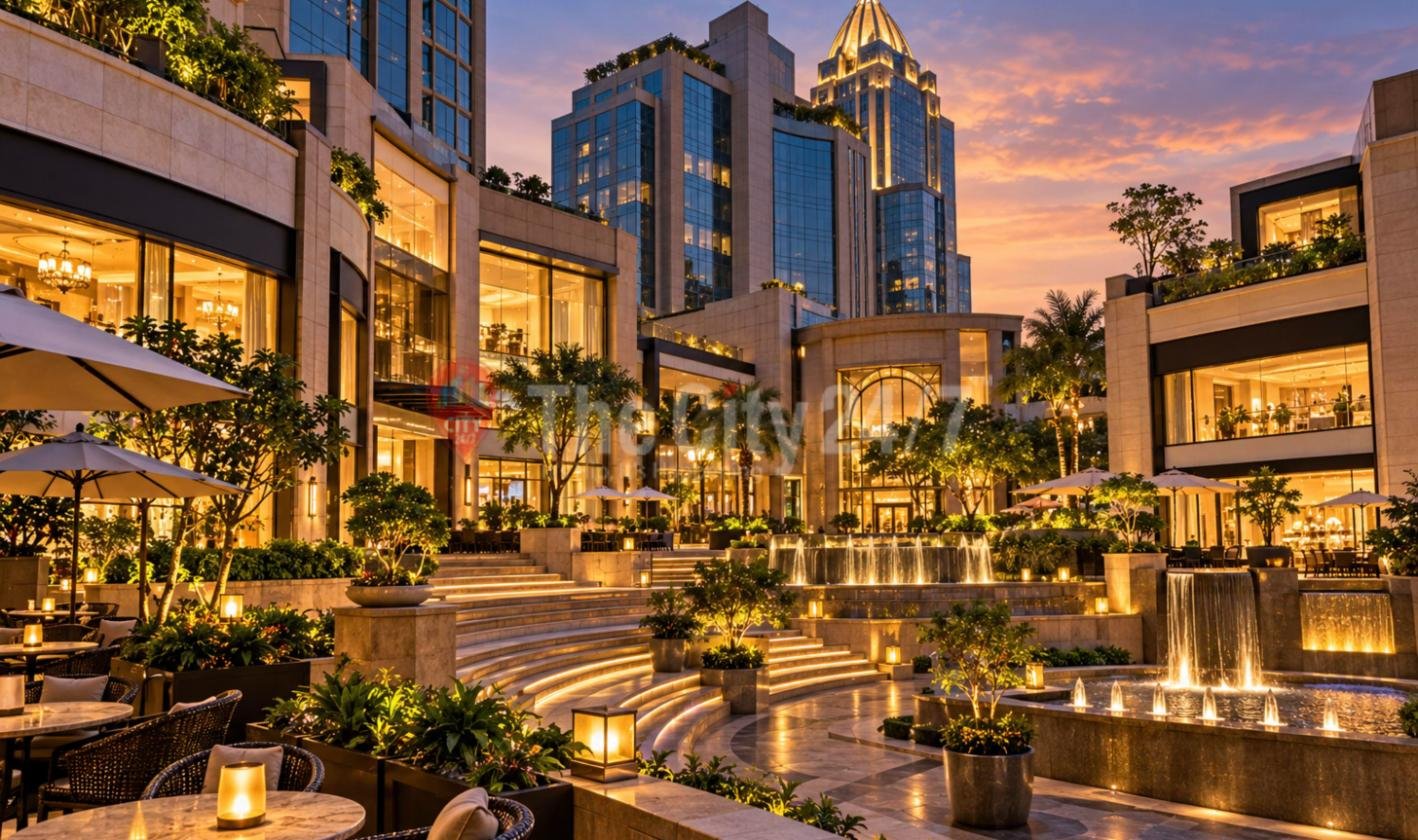 A luxury mall plaza at dusk with glass towers topped by a golden dome, stepped terraces, cascading fountains, lanterns and umbrella-shaded café tables