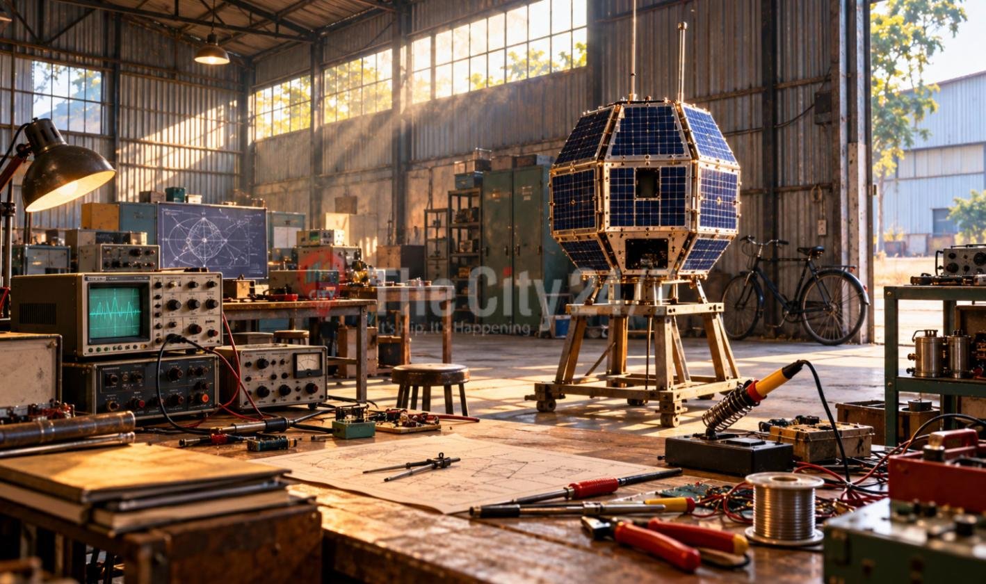 An early polyhedral satellite covered in solar panels on a wooden stand inside a sunlit industrial shed, surrounded by oscilloscopes, soldering tools and circuit drawings