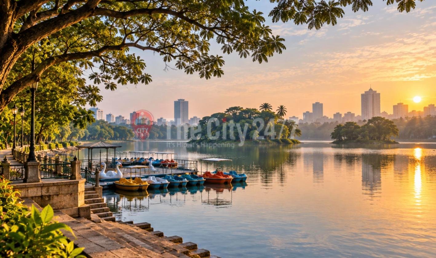 Ulsoor Lake at sunset with the city skyline behind the trees