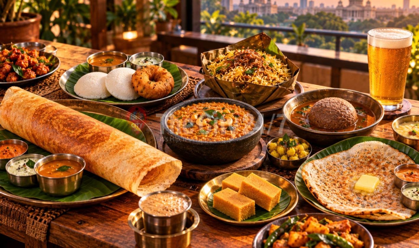 A banana leaf spread of mutton chukka, kari dosa, a flaky parotta and kothu parotta with brass bowls of salna and a tall jigarthanda glass in a warm wood-panelled dining room