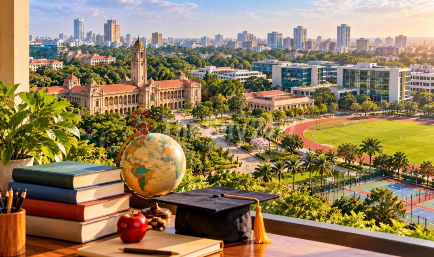 Books, a globe, an apple and a graduation cap on a windowsill desk overlooking a university campus with a clock tower, modern faculty blocks, a running track and tennis courts