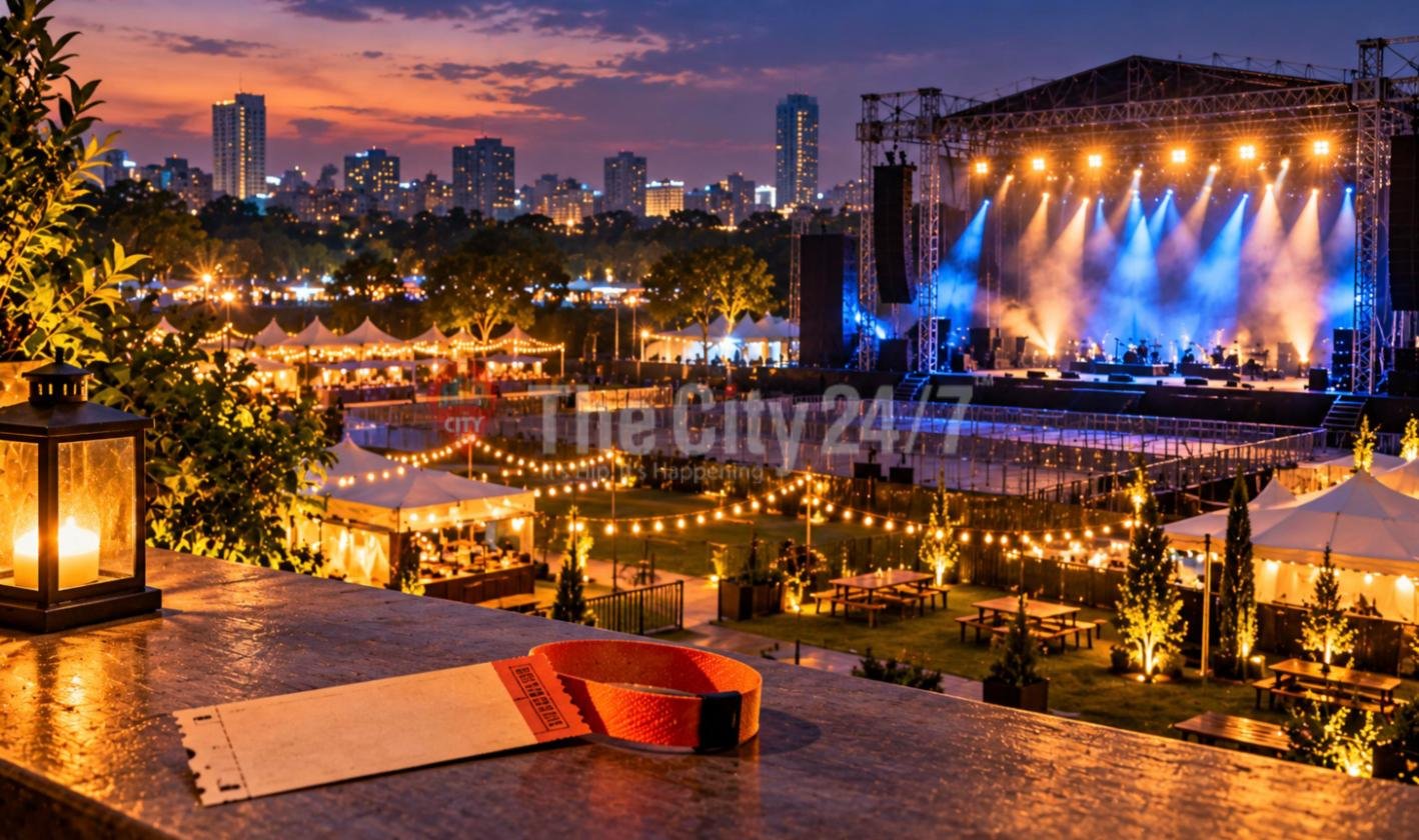 An event wristband and ticket on a ledge overlooking an open-air festival ground at dusk, with a lit concert stage, white food tents, fairy lights and the city skyline