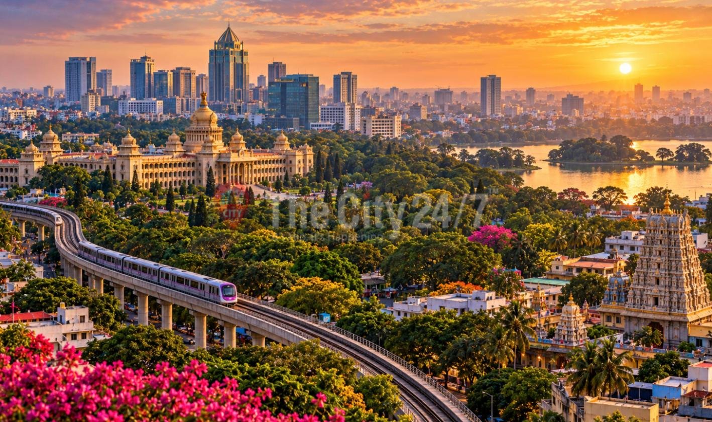 An aerial view of the city at sunset, with an elevated metro train curving past a domed granite legislature building, a temple gopuram, a lake and dense green tree cover