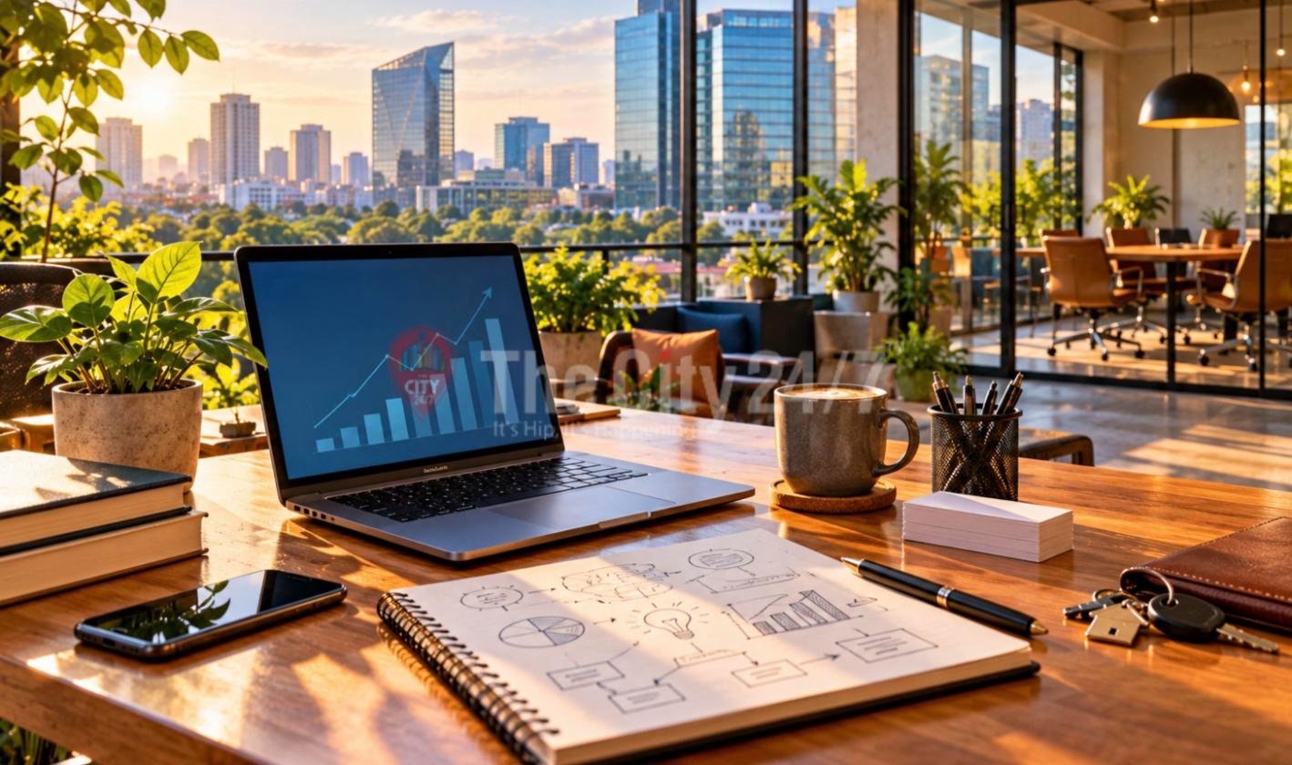 A laptop showing a rising growth chart on a sunlit office desk beside a sketched business plan, coffee and business cards, with glass towers outside