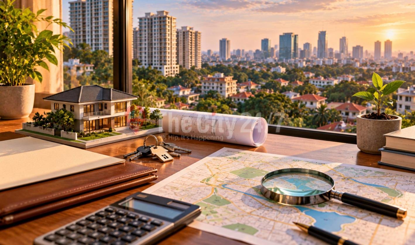 Residential high-rise towers and construction cranes rising over a green city and a lake at sunset
