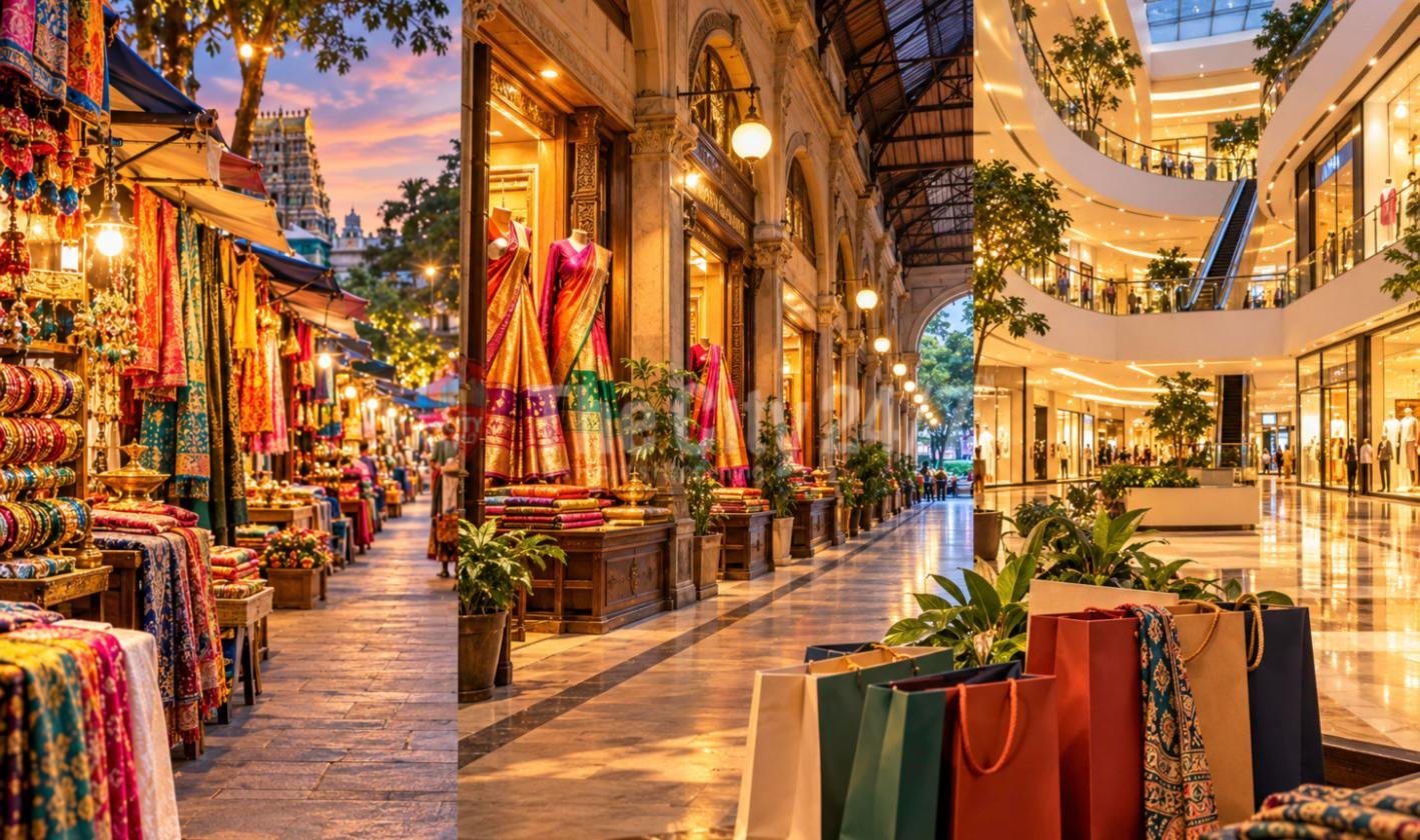 A three-part scene of a street market stall hung with bangles and fabrics, a heritage arcade with silk sarees on mannequins, and a multi-level glass shopping mall