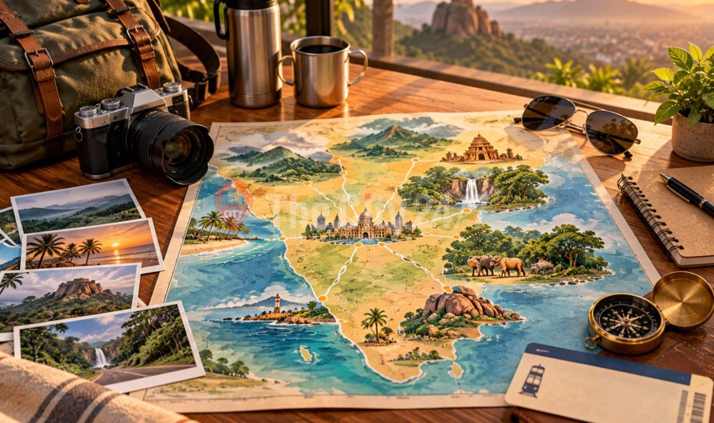 An illustrated map of South India with hills, waterfalls, temples, beaches and wildlife, laid out with a camera, postcards, a compass, sunglasses and a train ticket