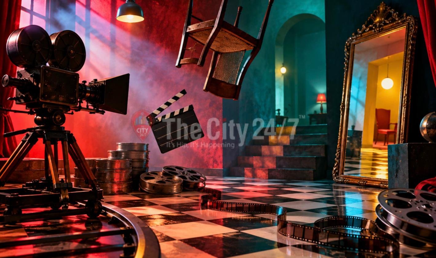 A moody film set with a vintage movie camera, a clapperboard and a chair hanging in mid-air, film reels across a checkered floor and an ornate mirror reflecting another room