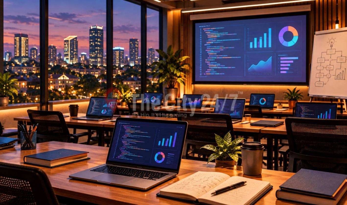 A training classroom at dusk with laptops showing code and data charts on wooden desks, a large screen with dashboards, a flowchart on a whiteboard and city towers through tall windows