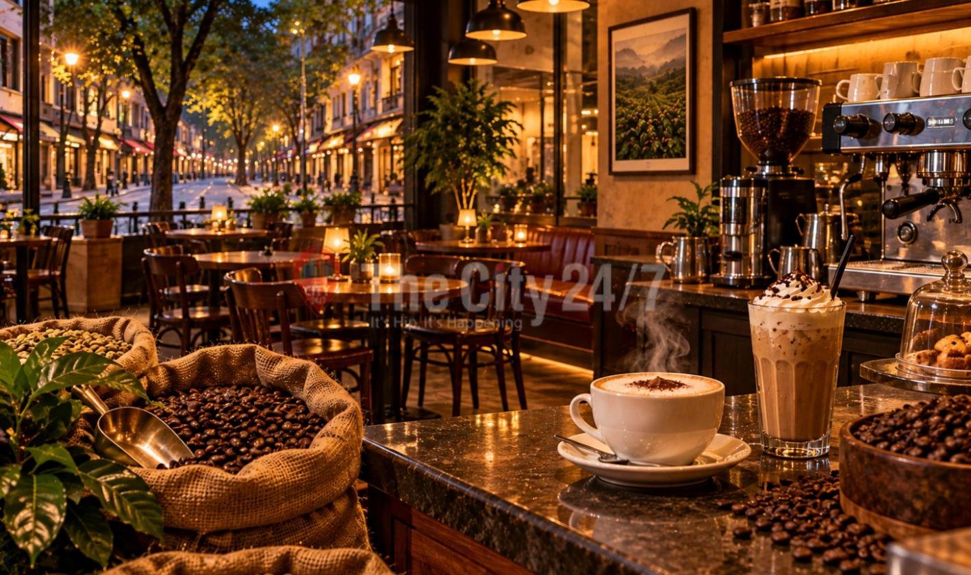 A cappuccino and an iced coffee topped with cream on a marble café counter beside burlap sacks of roasted beans, coffee plants and an espresso machine, with a tree-lined street lit up at night outside