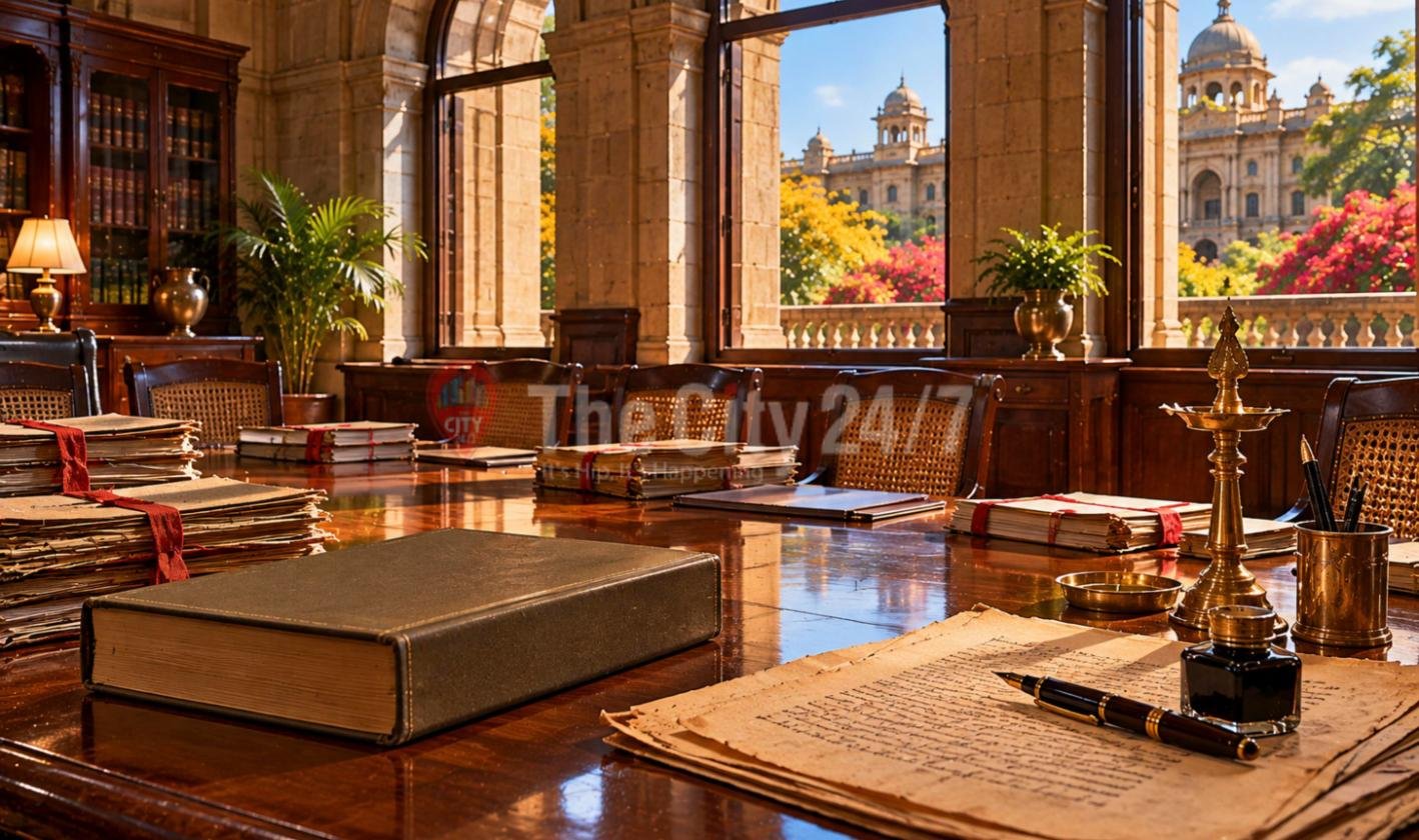 A wood-panelled study inside a stone colonial building, with bound files tied in red tape, a leather tome, a manuscript with a fountain pen and inkwell and a brass lamp, overlooking a domed heritage building