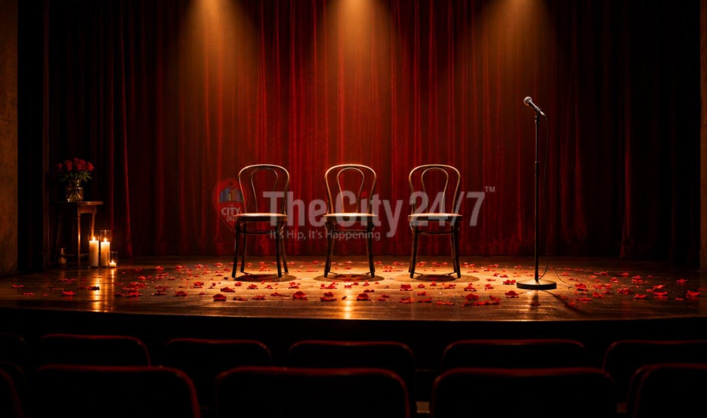 Three bentwood chairs and a microphone stand under spotlights on a theatre stage scattered with red rose petals, in front of a red velvet curtain