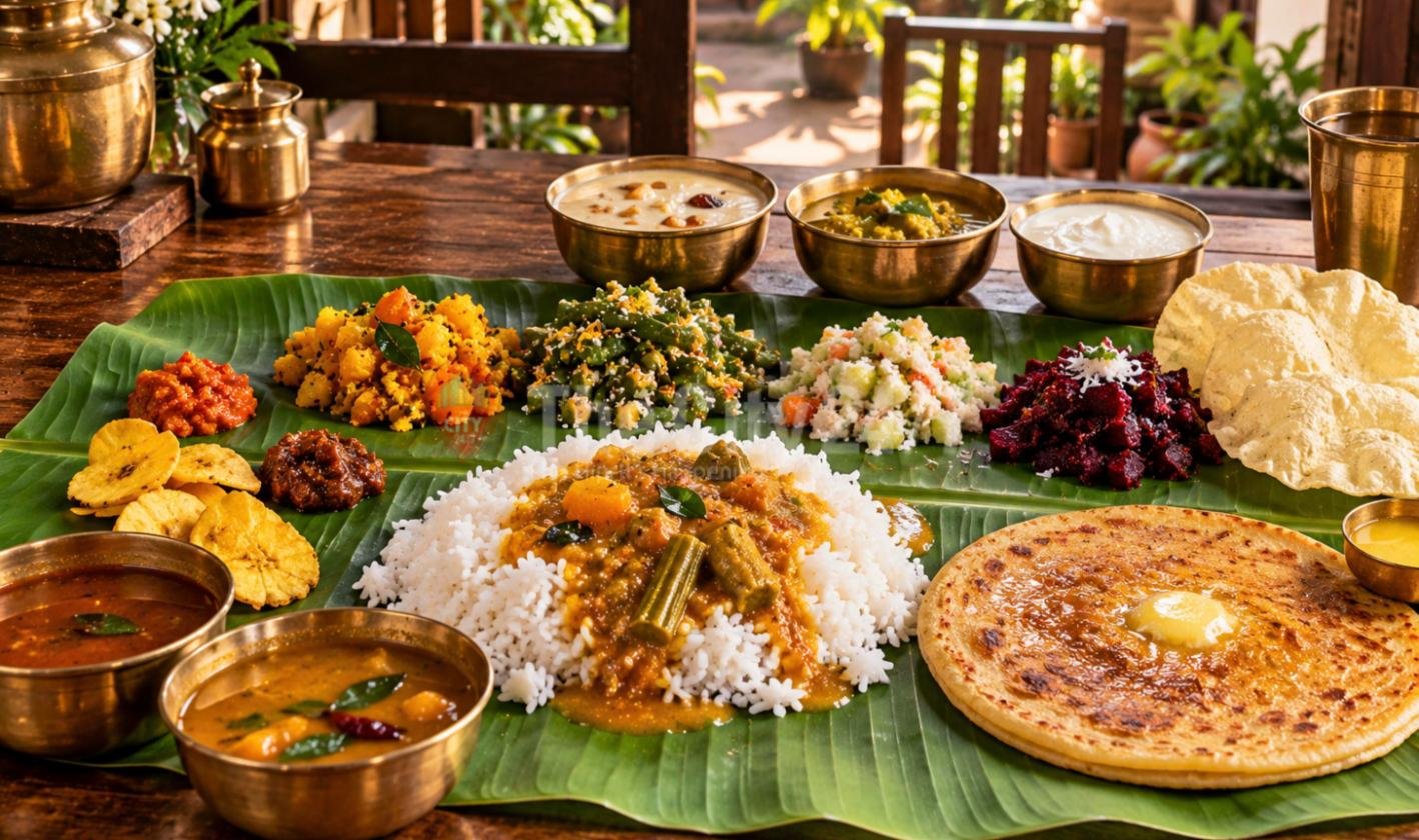 A banana leaf spread of mutton chukka, kari dosa, a flaky parotta and kothu parotta with brass bowls of salna and a tall jigarthanda glass in a warm wood-panelled dining room