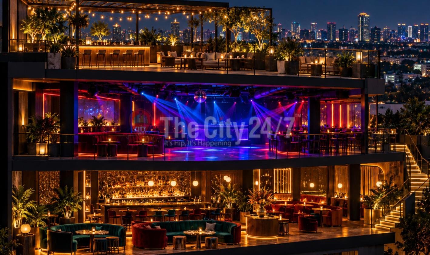 A multi-level nightclub at night with a rooftop terrace bar, a dance floor lit by blue and red lasers and a disco ball, and a velvet lounge bar on the ground floor, set against a city skyline