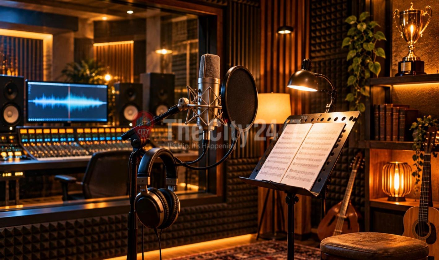 A recording booth with a studio microphone and pop filter, headphones, sheet music on a stand, a guitar and a trophy, looking through glass into a control room with a mixing console