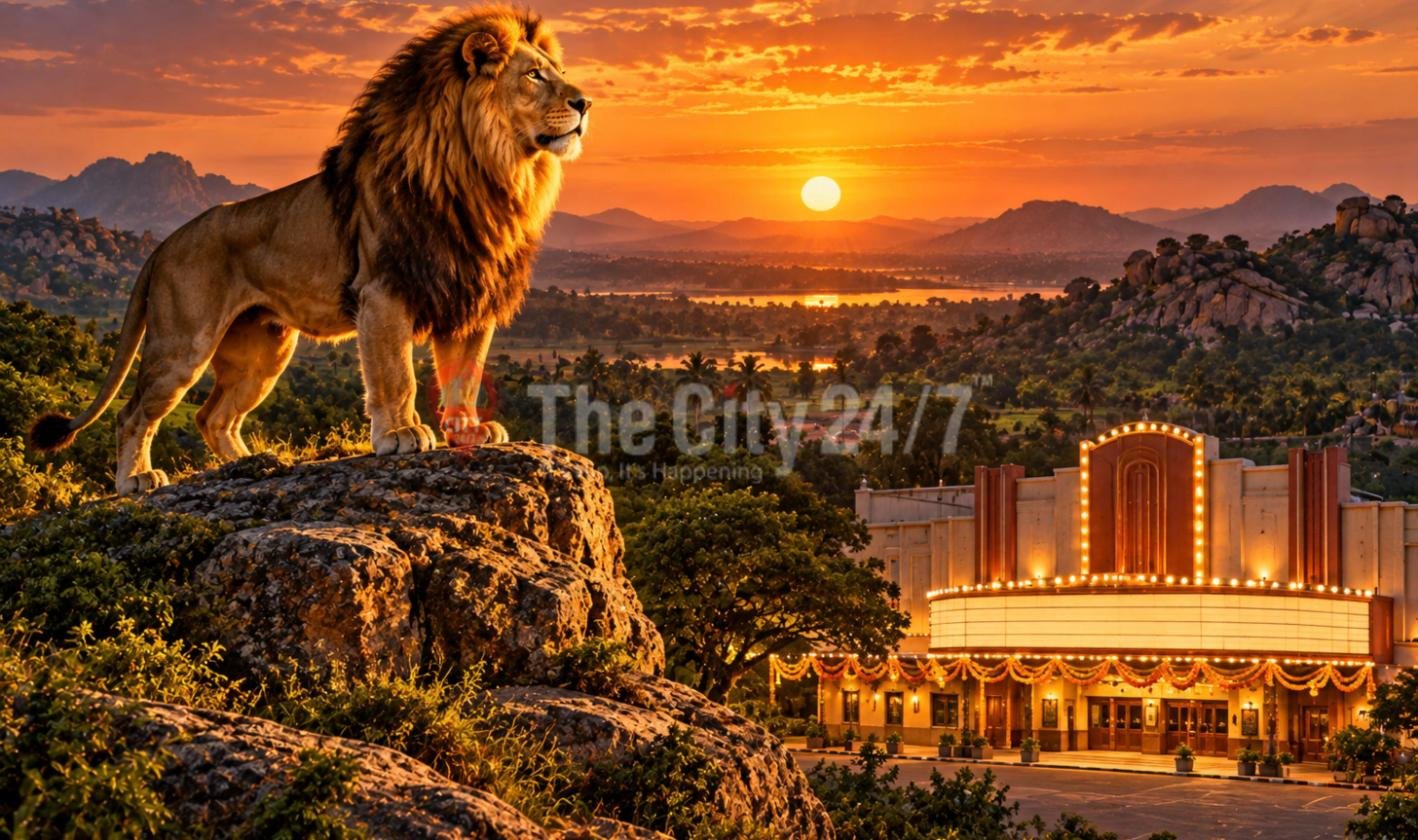 A lion standing on a granite boulder at sunset above rocky hills, looking down on a lit single-screen cinema with a marquee and marigold garlands