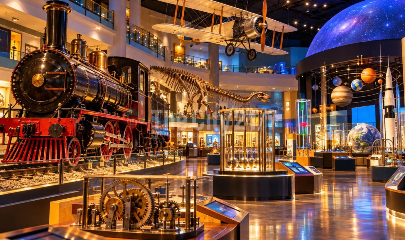 A science museum hall with a black and red steam locomotive, a biplane hanging from the ceiling, a dinosaur skeleton, a Newton's cradle, gear mechanisms and a planetarium dome with planet models and a rocket