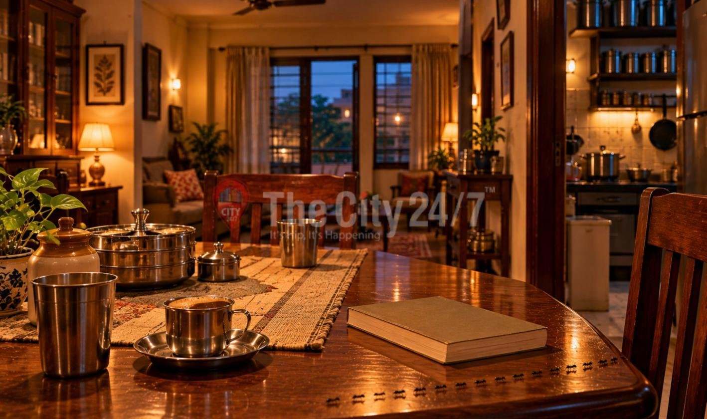 A lamplit middle-class home at dusk with steel tumblers, a tiffin carrier and a book on a polished dining table, a line of ants crossing the table edge and a kitchen of steel vessels beyond