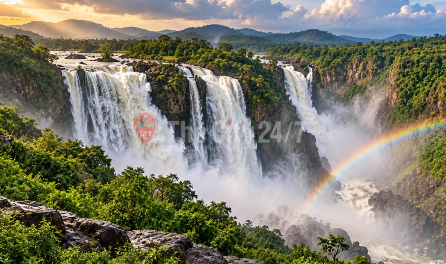 A wide waterfall plunging over rocky cliffs into a misty forested gorge, with a rainbow arching through the spray and green hills under a golden sky