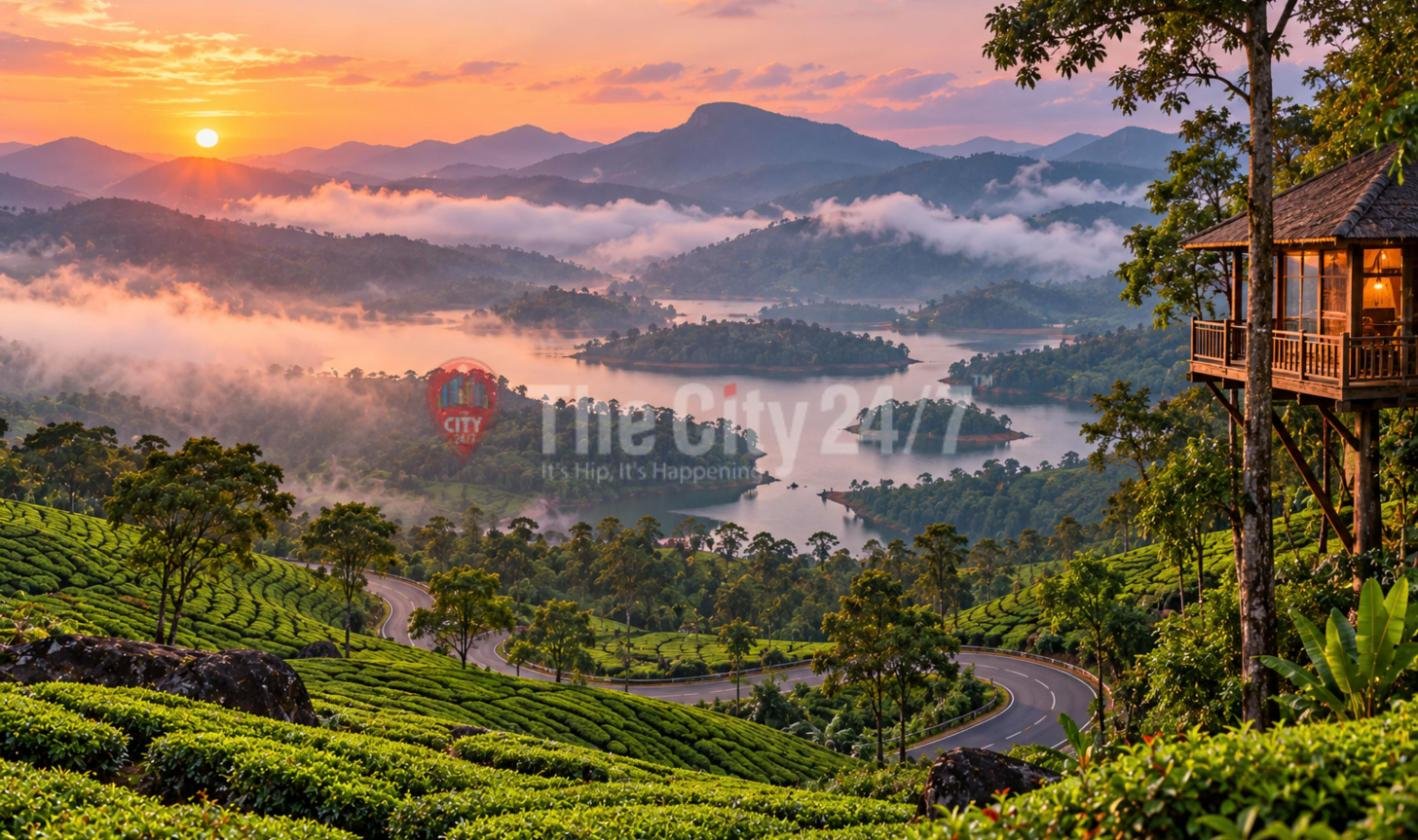A tree house above tea plantations at sunrise, overlooking a winding road, a lake dotted with wooded islands and misty layered hills