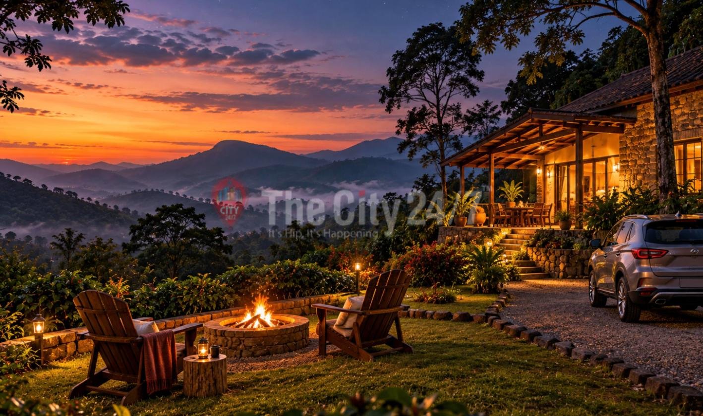 Two wooden chairs around a lit fire pit on the lawn of a stone hillside cottage at dusk, with an SUV parked on the gravel drive and misty hills under an orange sky