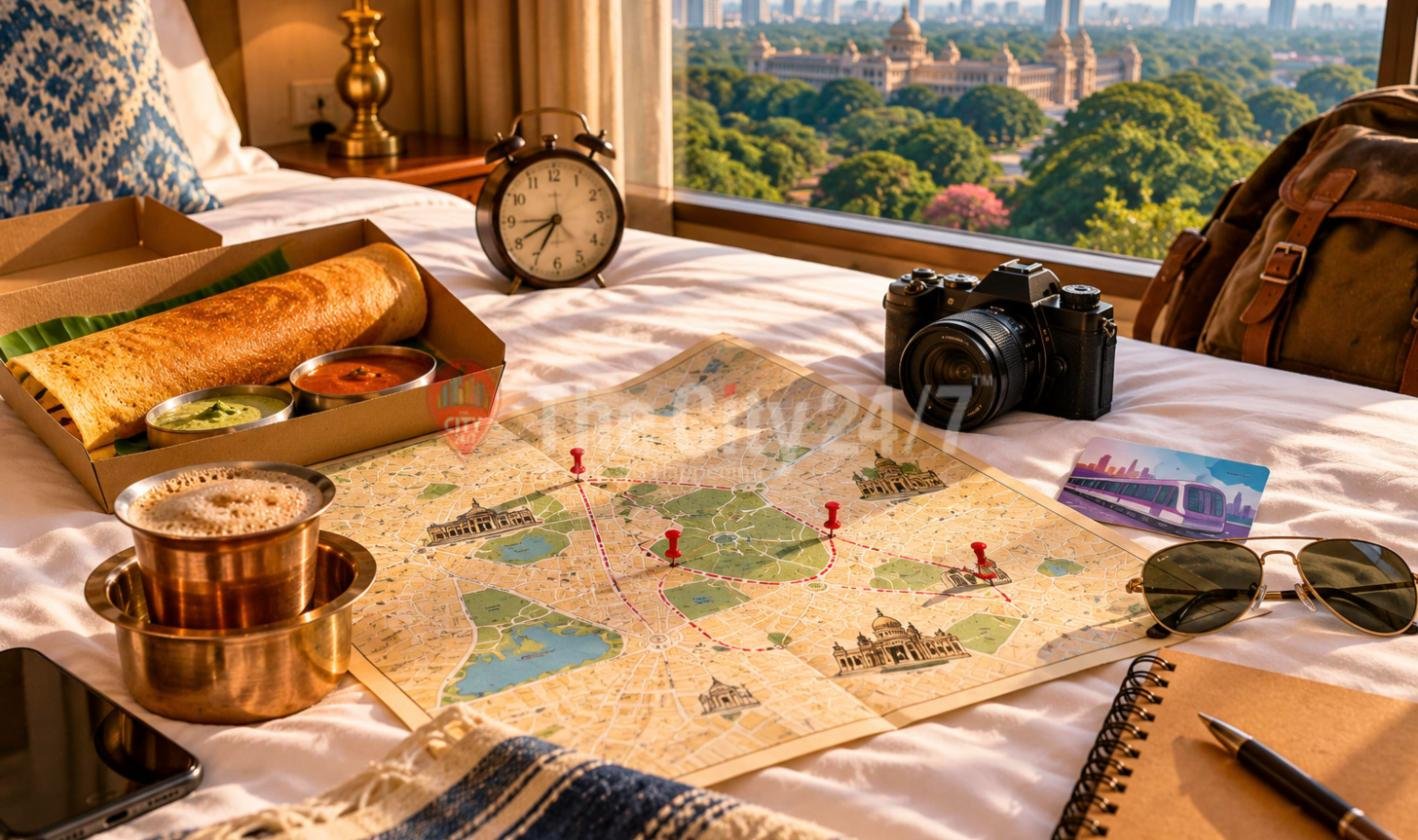 A hotel bed laid out with a city map marked with pins, a boxed masala dosa, filter coffee in a brass davara, a camera, an alarm clock, sunglasses and a metro card, with a domed government building outside