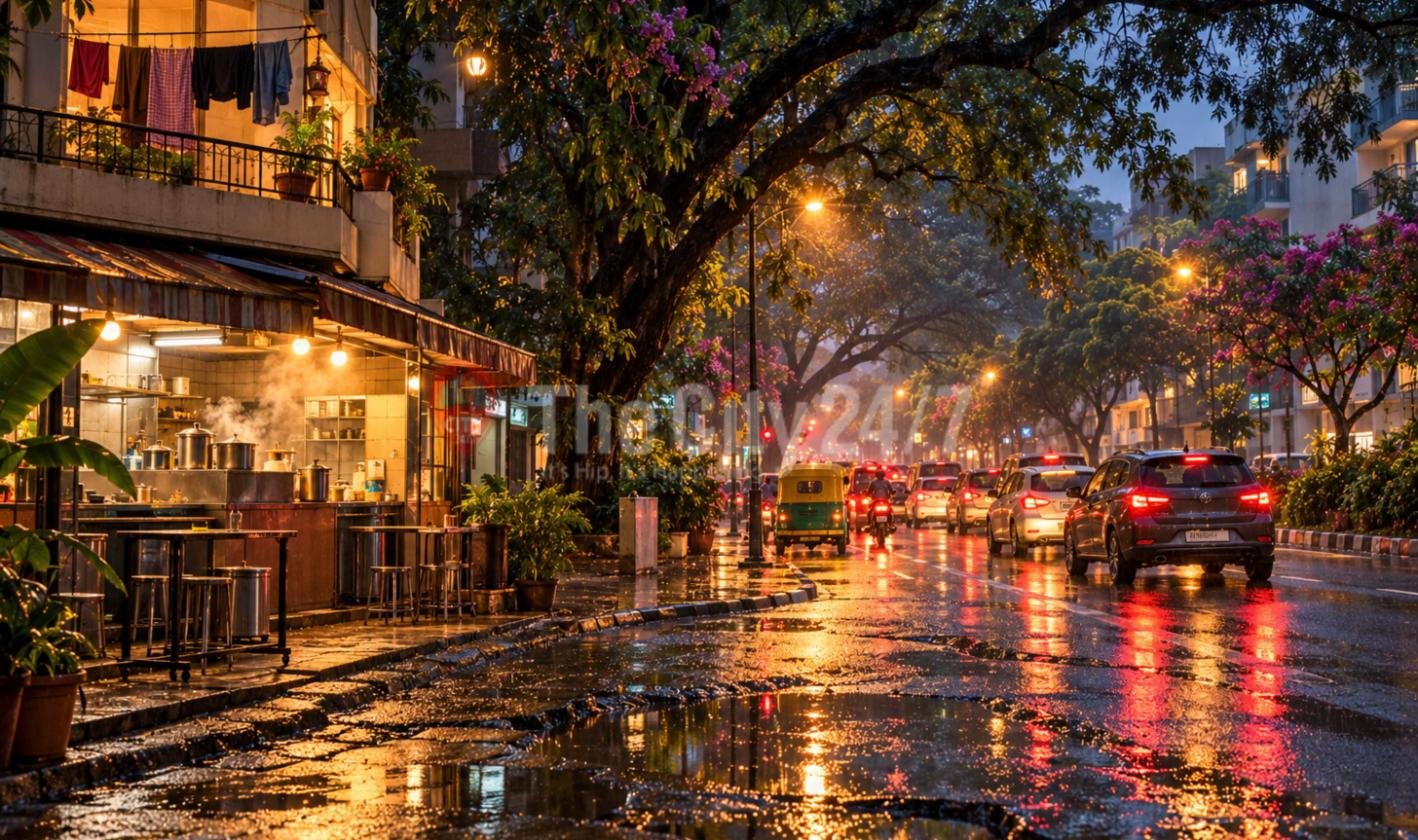 A rain-soaked city street at dusk with an auto-rickshaw and cars under flowering trees, a steaming tea stall and laundry hanging from an apartment balcony above