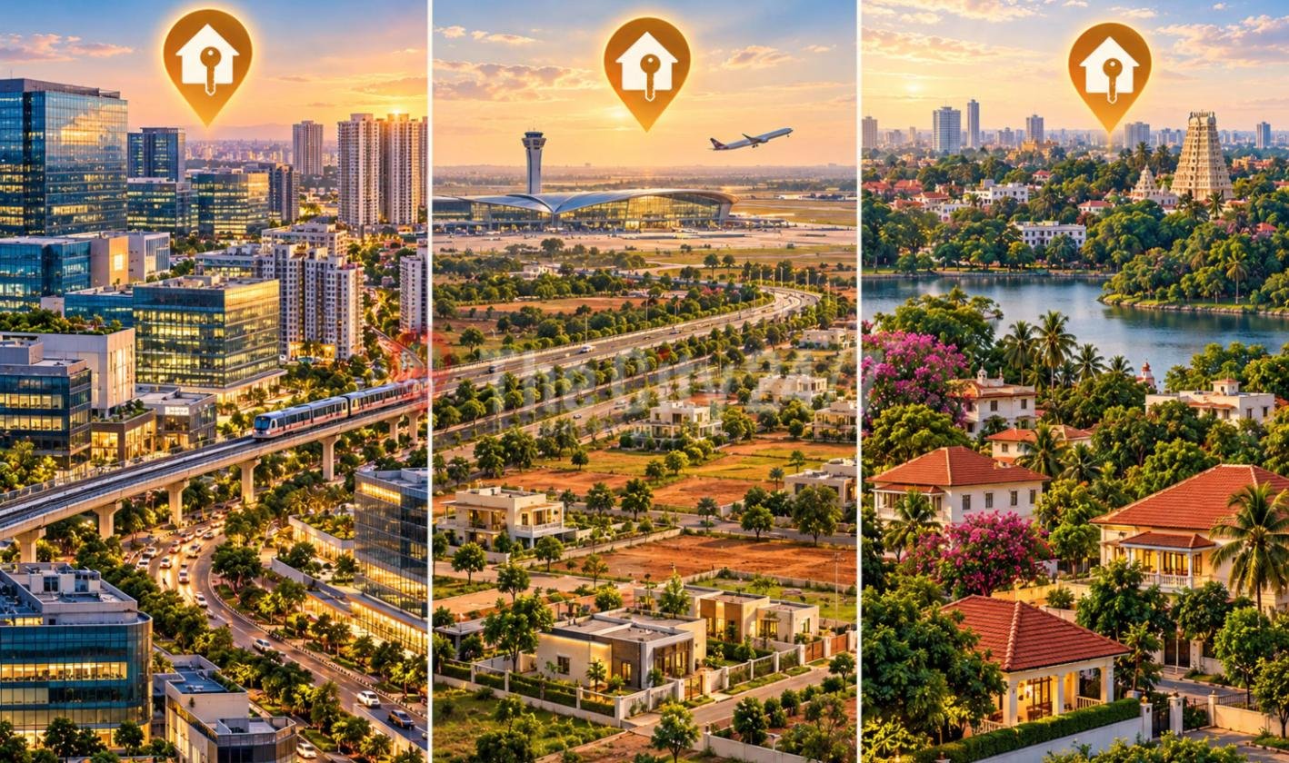 Residential high-rise towers and construction cranes rising over a green city and a lake at sunset