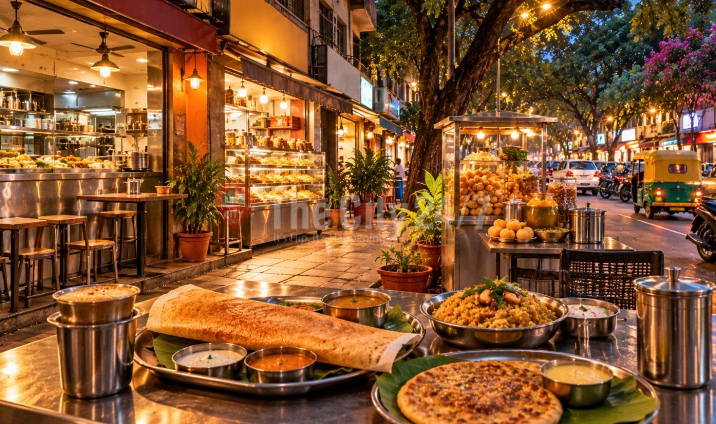 A banana leaf spread of mutton chukka, kari dosa, a flaky parotta and kothu parotta with brass bowls of salna and a tall jigarthanda glass in a warm wood-panelled dining room