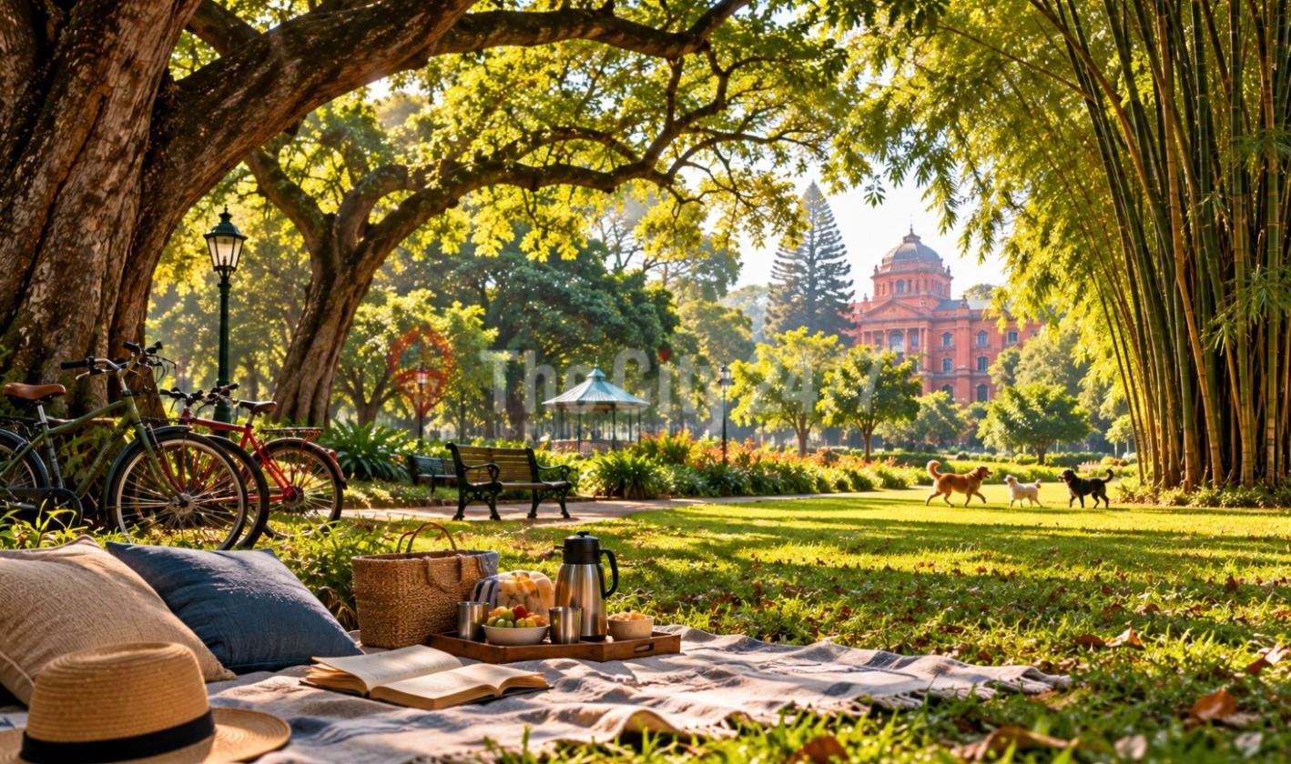A picnic blanket with a basket, a flask, a book and a straw hat under a large shady tree in a park, with bicycles, a bandstand, dogs playing on the lawn and a red heritage building beyond