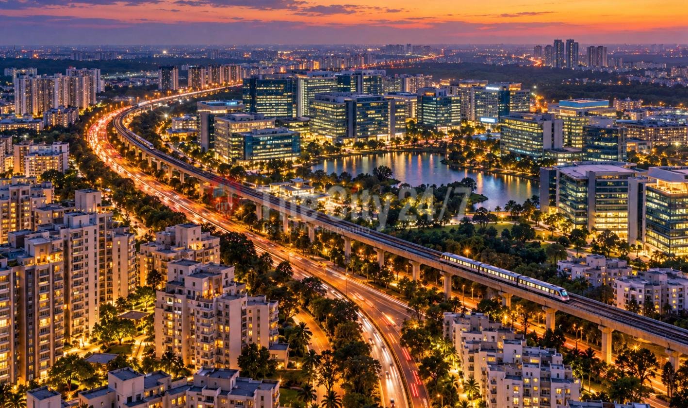 Residential high-rise towers and construction cranes rising over a green city and a lake at sunset