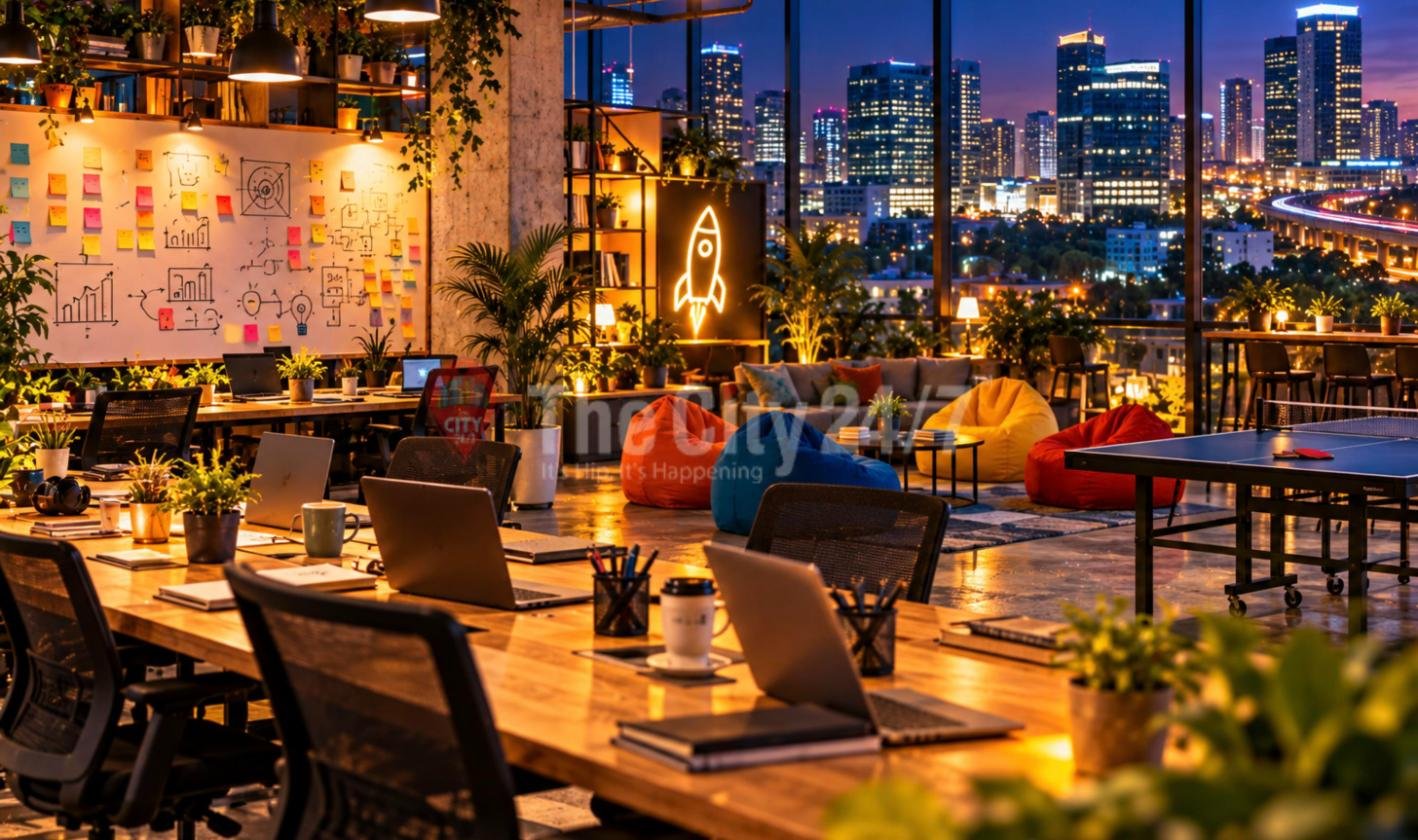 A startup co-working space at night with laptops on long wooden desks, a whiteboard of sticky notes and sketched charts, bean bags, a table tennis table and a neon rocket sign, overlooking the lit city skyline