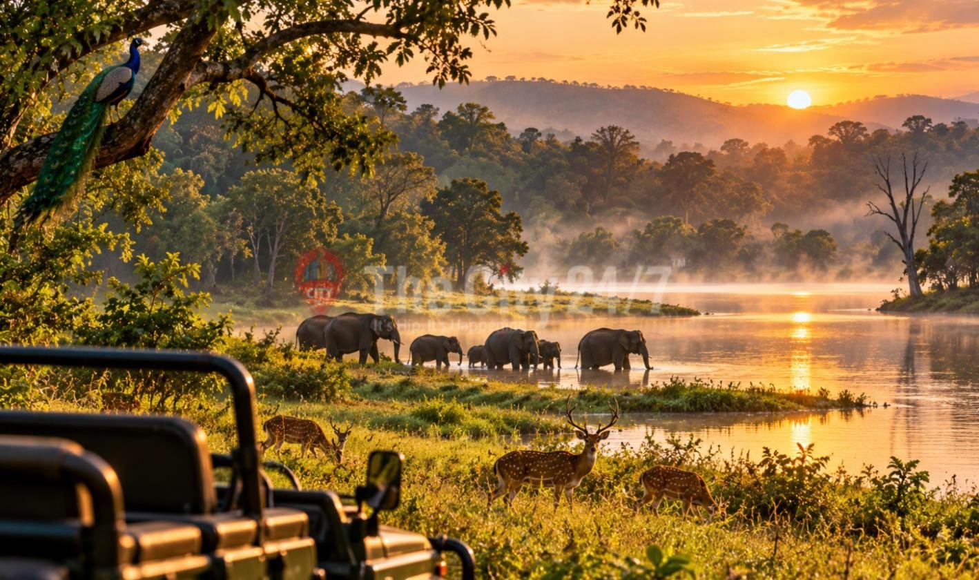 A safari jeep at the edge of a misty river at sunrise, with a herd of elephants wading across, spotted deer grazing on the bank and a peacock perched in a tree