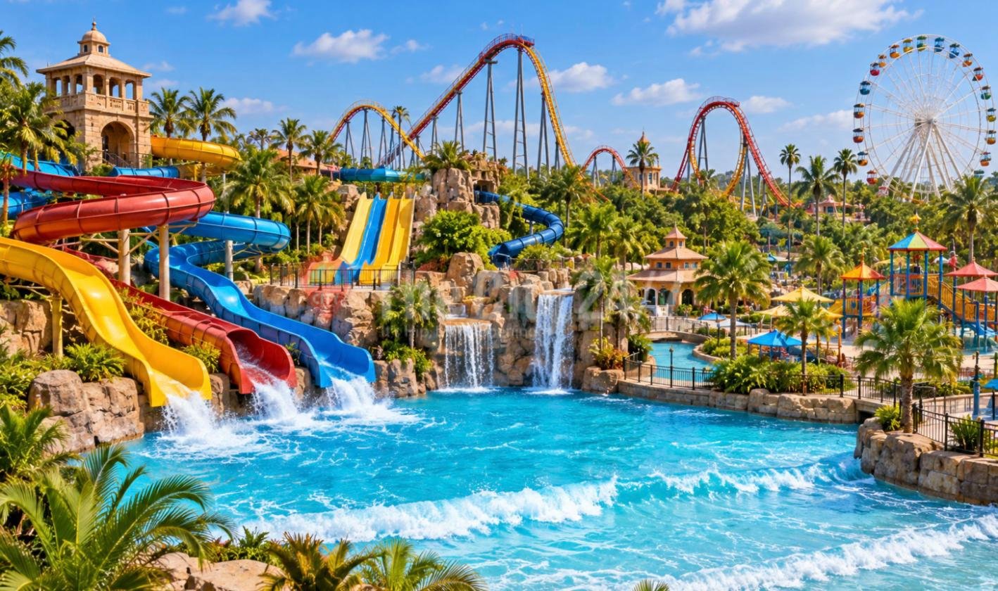 An amusement park on a sunny day with twisting red, yellow and blue water slides splashing into a wave pool, rock waterfalls, roller coasters and a giant Ferris wheel among palm trees