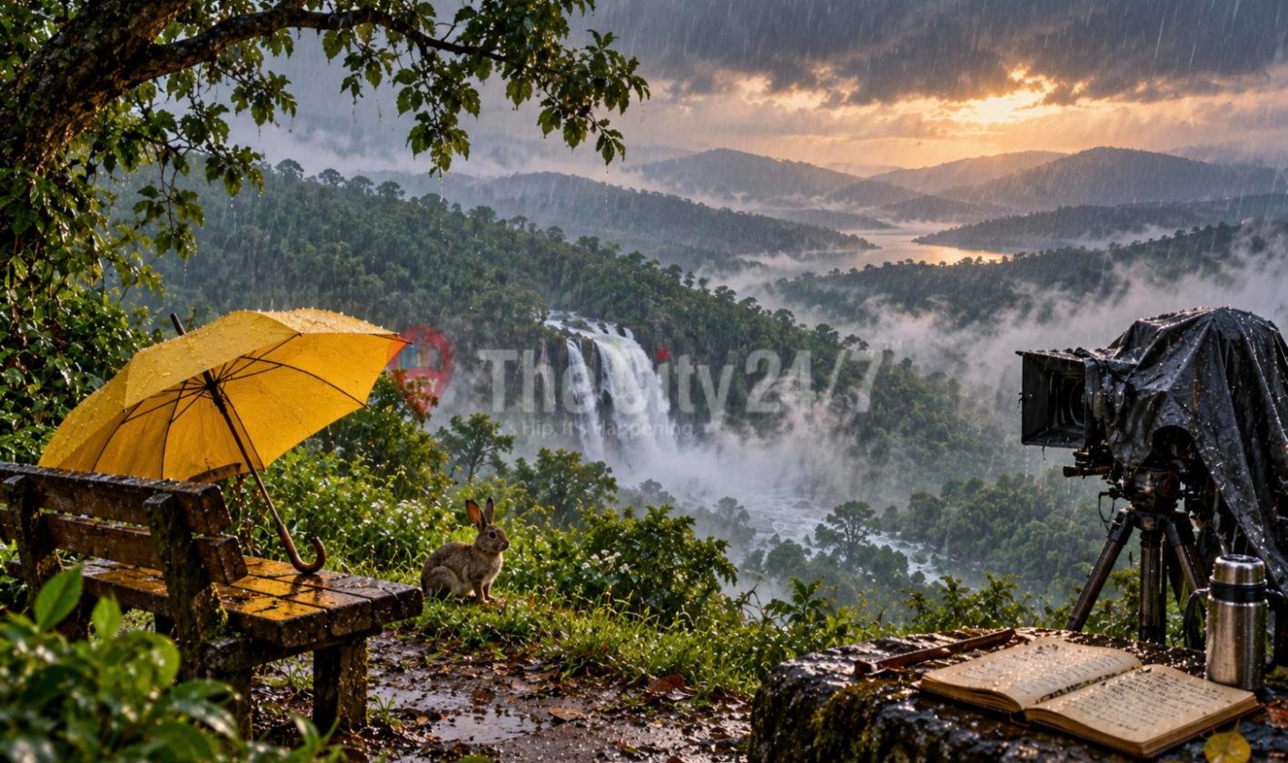 A yellow umbrella on a wet wooden bench and a rabbit on the grass at a rainy hilltop viewpoint, with a waterfall in a misty valley below, a tarp-covered film camera and an open script beside a flask