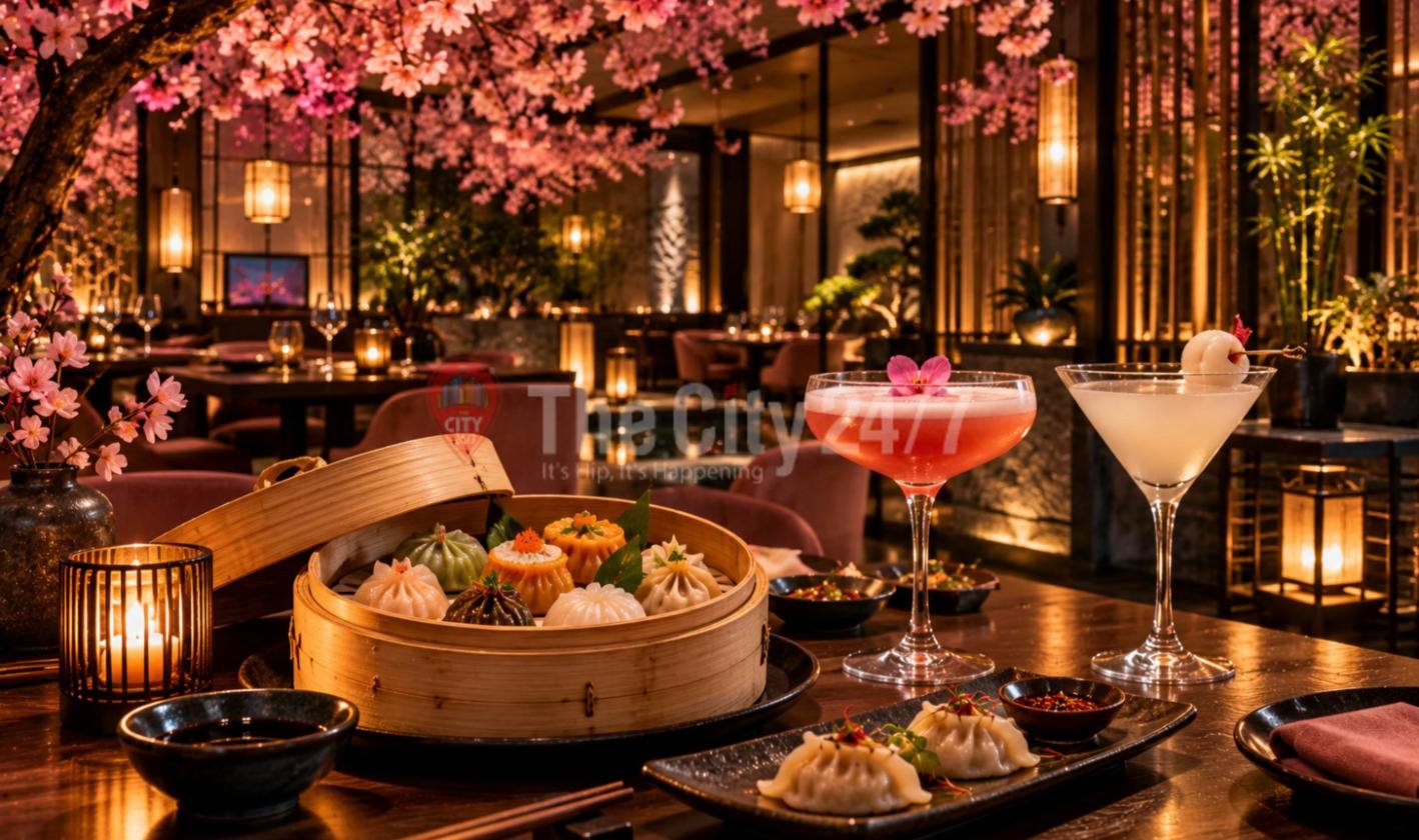 A bamboo steamer of colourful dim sum, gyoza and two cocktails on a candlelit table in an Asian restaurant with cherry blossom branches, paper lanterns and bamboo screens