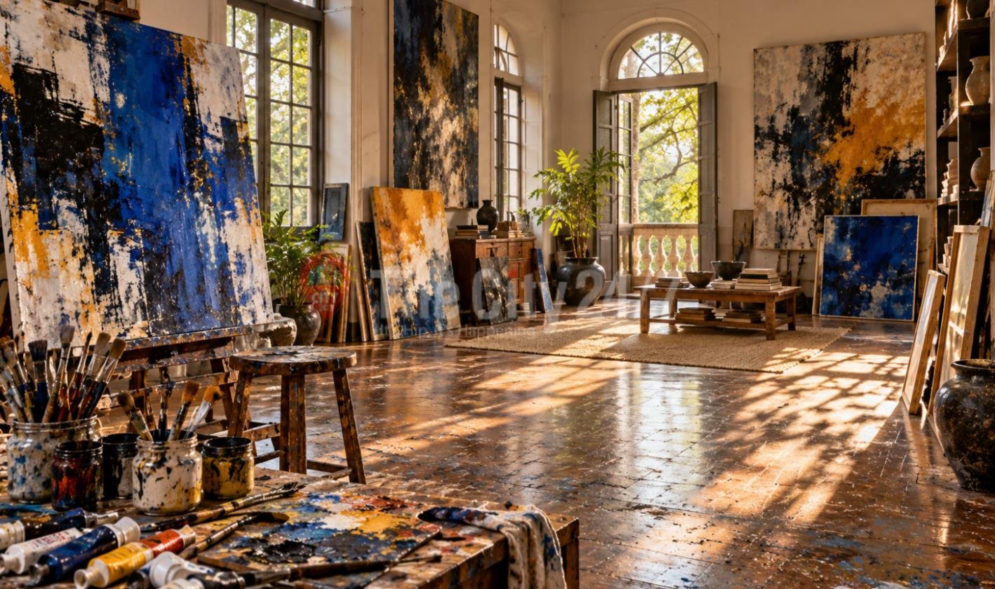 A sunlit painter's studio with large abstract canvases in blue, black and ochre, paint-splattered floors, jars of brushes, tubes of paint and an arched doorway opening onto a balcony