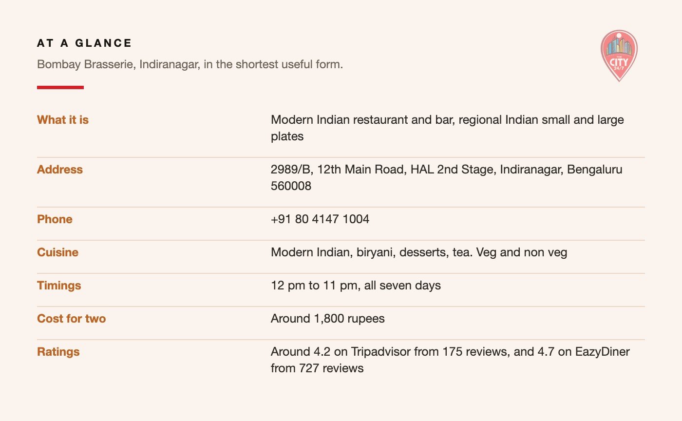 Bombay Brasserie, Indiranagar: the key details at a glance