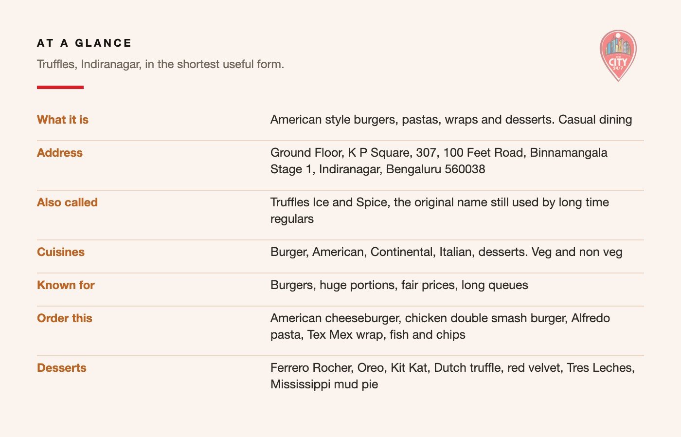 Truffles, Indiranagar: the key details at a glance