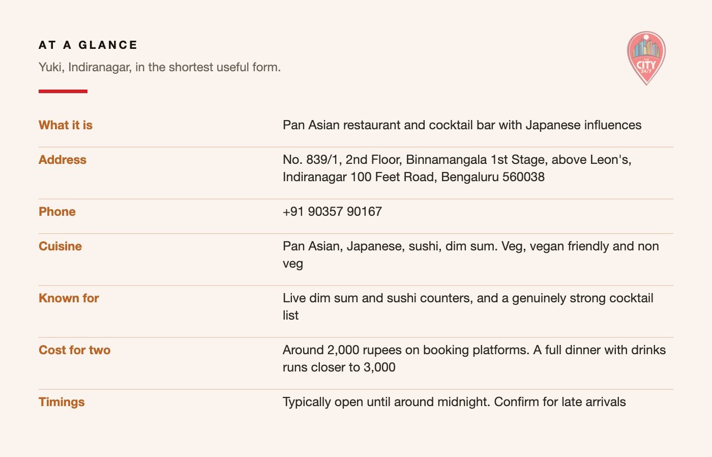 Yuki, Indiranagar: the key details at a glance