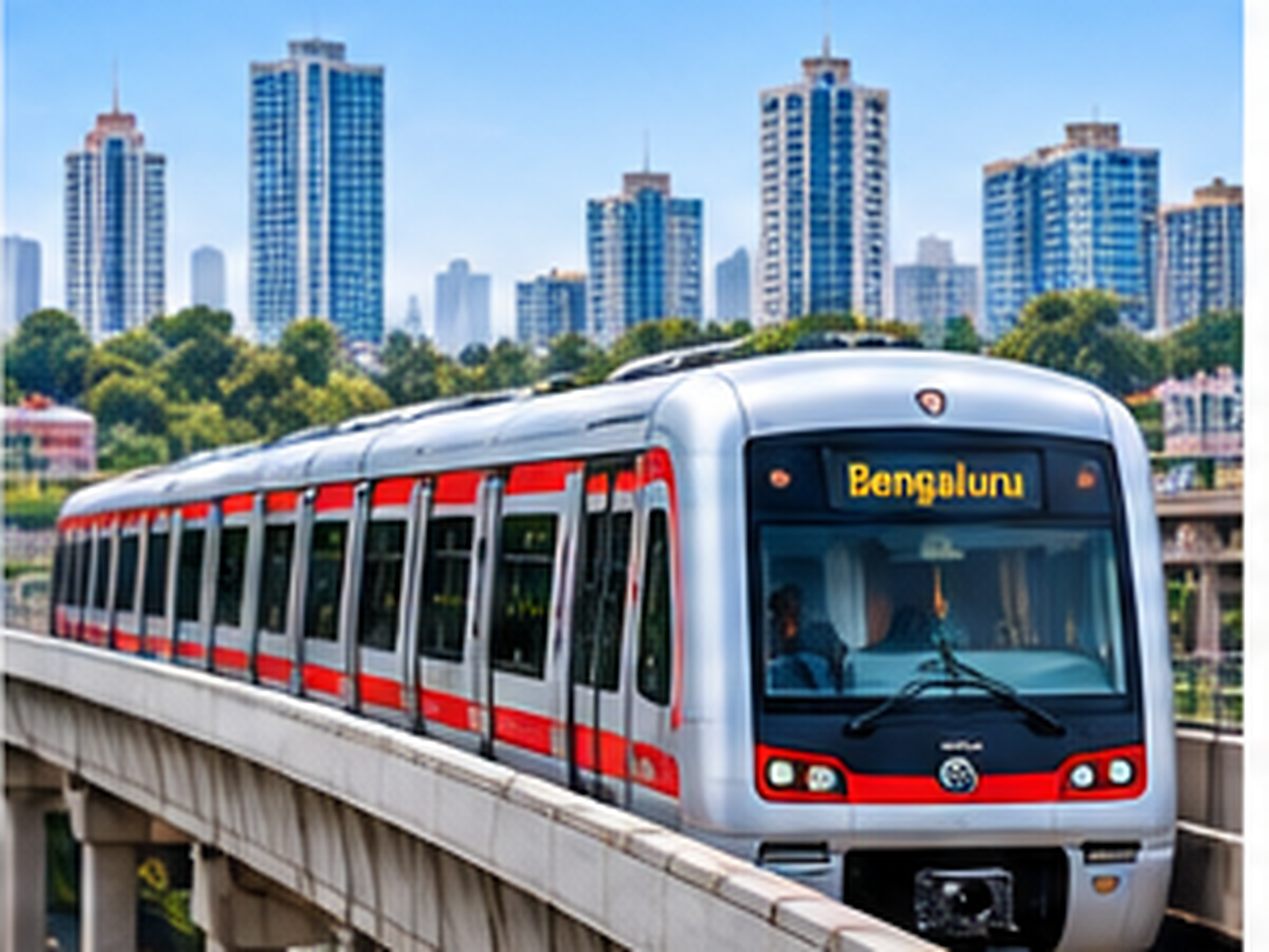 Namma Metro train against the Bengaluru skyline